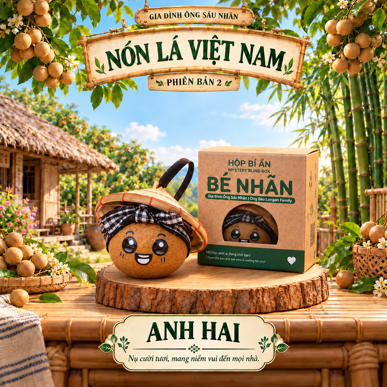 Bộ 6 bé Nhãn Nón Lá Việt Nam - Phiên bản 2 - Móc khoá thủ công từ trái nhãn