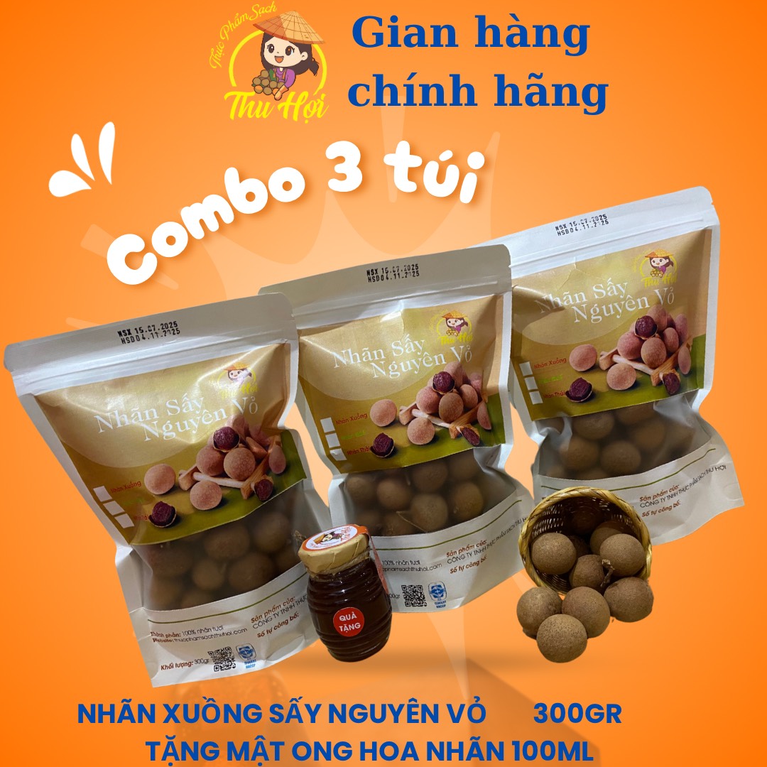 Combo 3 túi nhãn xuồng sấy nguyên vỏ 300gr.