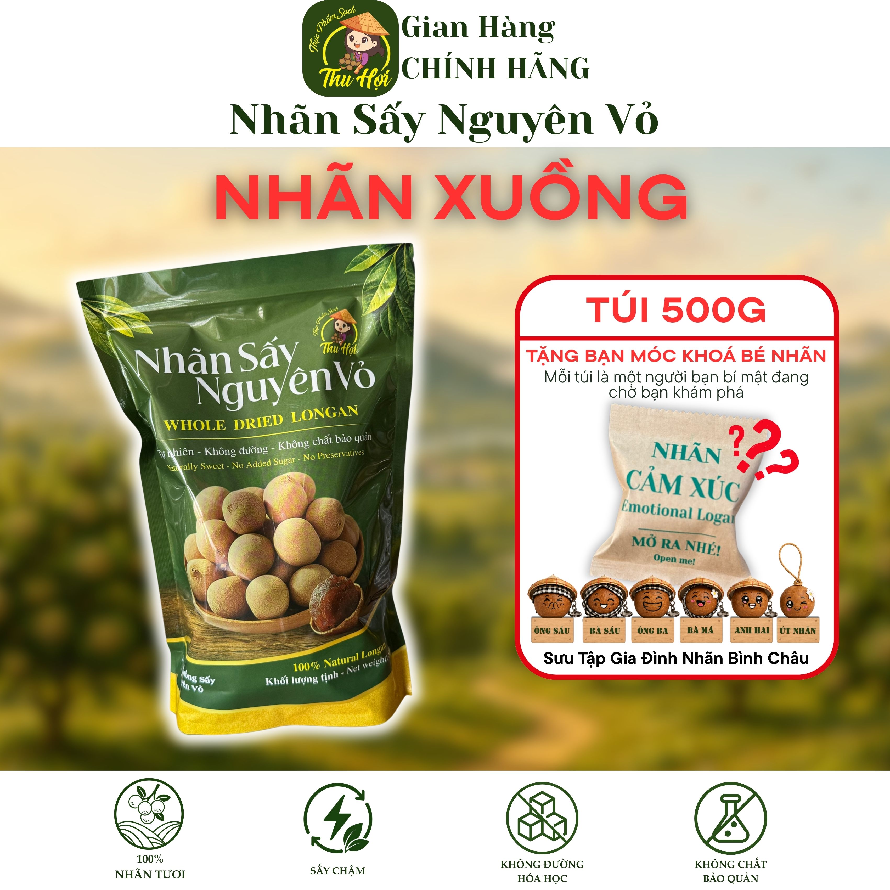Nhãn Xuồng Sấy Nguyên Vỏ Túi 500g - TXS