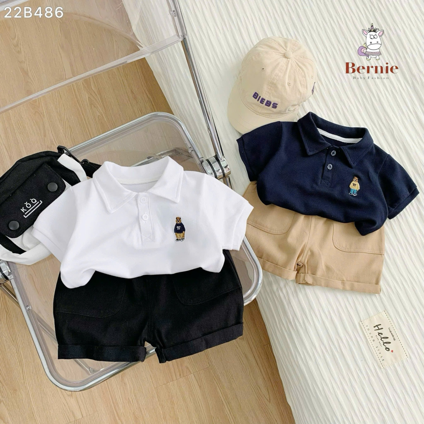 Bộ Cộc Tay Bé Trai BERNIE Thêu Gấu 22B486