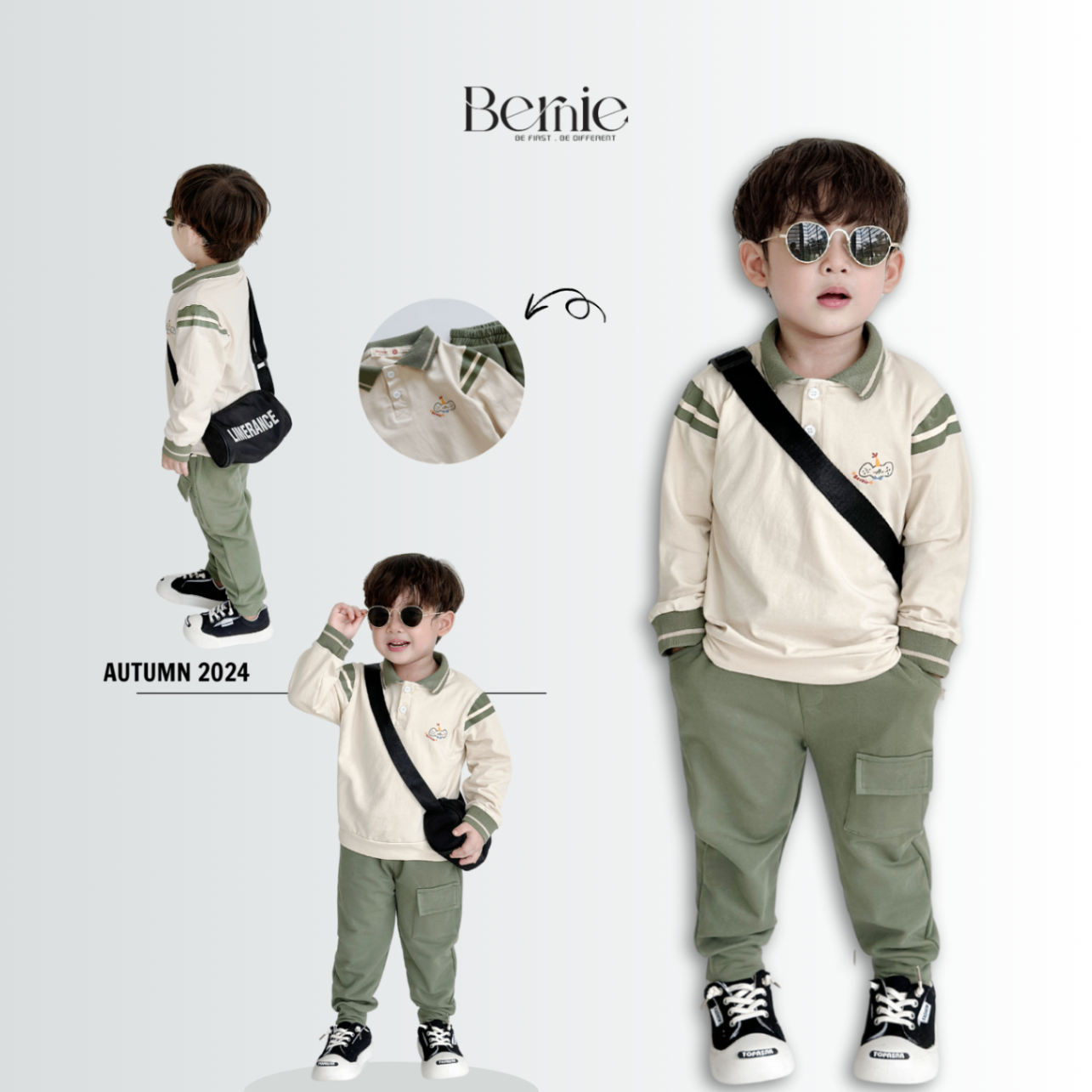 Bộ Dài Tay Bé Trai BERNIE Phối Kẻ Tay 0524B15