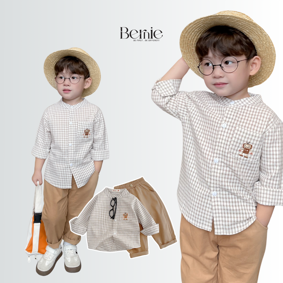 Bộ Sơ Mi Cổ Tàu Caro BERNIE Thêu Gấu 0724B36