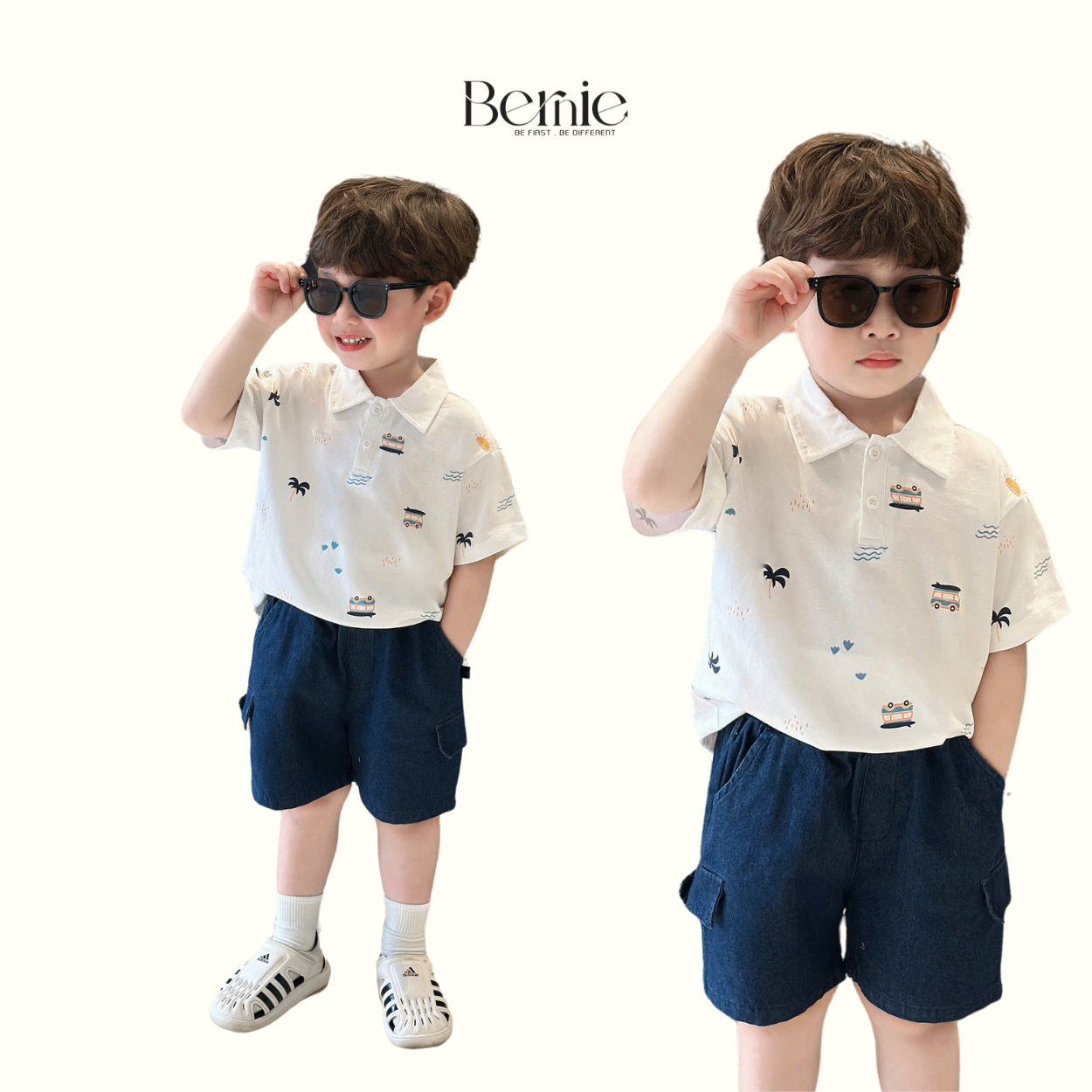 Bộ Polo Cộc Tay Bé Trai Bernie Họa Tiết Summer Mã T0724B31