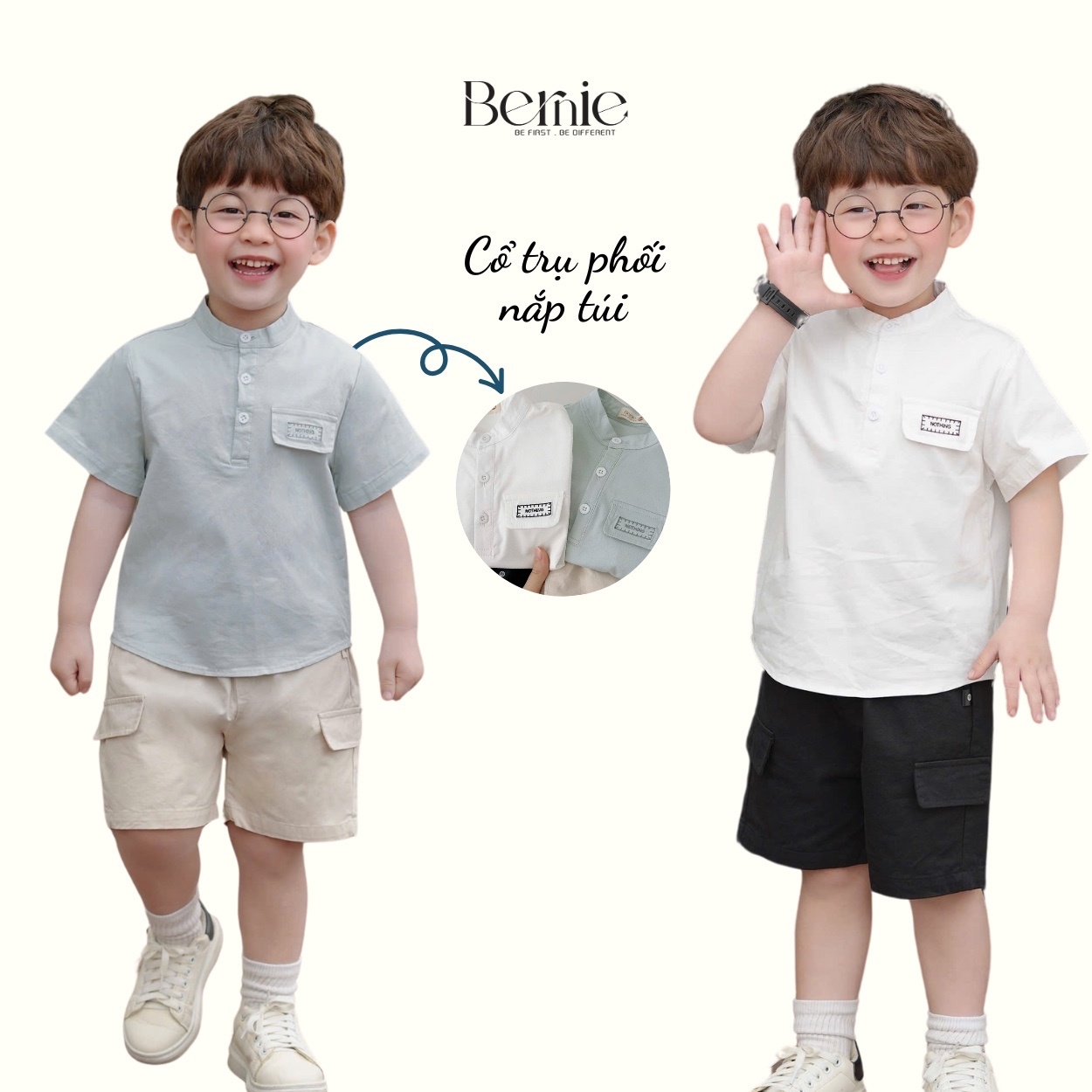 Bộ sơ mi cộc tay bé trai Bernie cổ tàu thêu túi NOTHING - Bộ quần áo cộc bé trai Mã 24B30