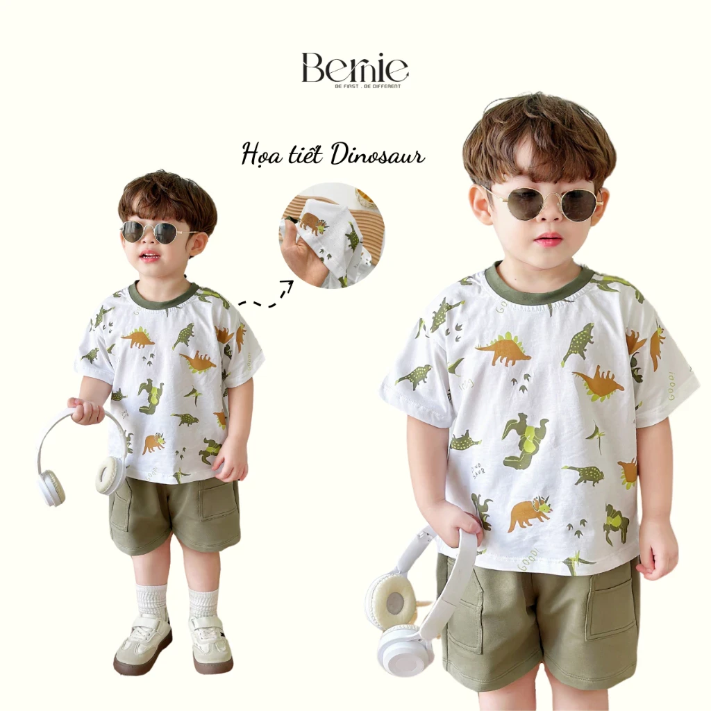 Bộ Cotton Cộc Tay Bé Trai Bernie Họa Tiết Dinosaur- Bộ Quần Áo Cộc Tay Cho Bé Mã 24B22