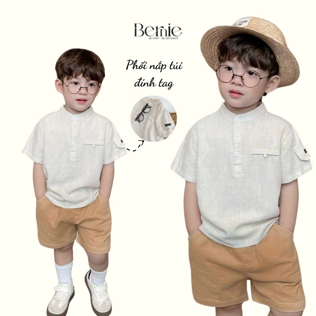 Bộ Cộc Tay Bé Trai BERNIE Chất Linen Cổ Tàu Sang Chảnh - Bộ sơ mi bé trai Mã 24B29