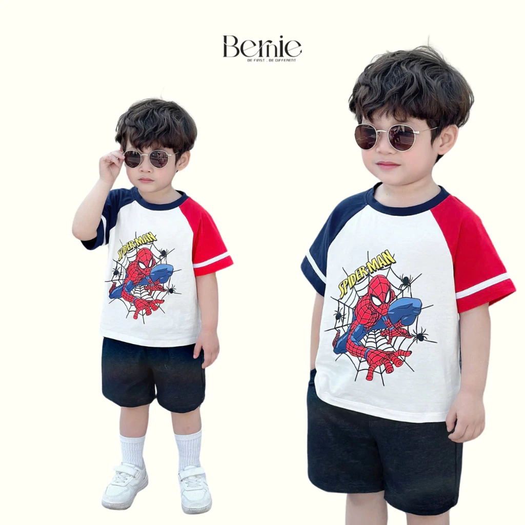 Bộ Cộc Tay Bé Trai BERNIE Siêu Nhân Spiderman Tay Phối Nổi Bật - Bộ Cộc Tay Cho Bé Mã 24B16