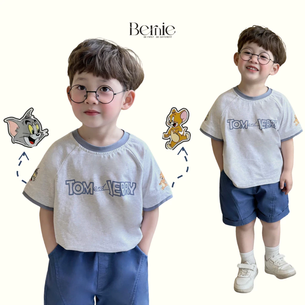 Bộ Cộc Tay Bé Trai BERNIE Tom & Jerry Áo Cotton Quần Short Jeans Mềm - Bộ Cộc Tay Cho Bé Mã 24B05