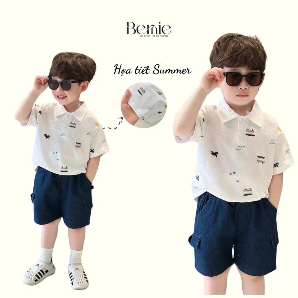 Bộ Polo Cộc Tay Bé Trai Bernie Họa Tiết Summer - Bộ Quần Áo Cộc Tay Cho Bé Mã 24B31
