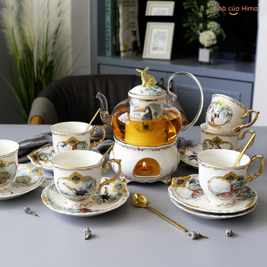 Bộ ấm hoàng gia sứ xương chủ đề công viên phong cách trà chiều Anh - không giá treo