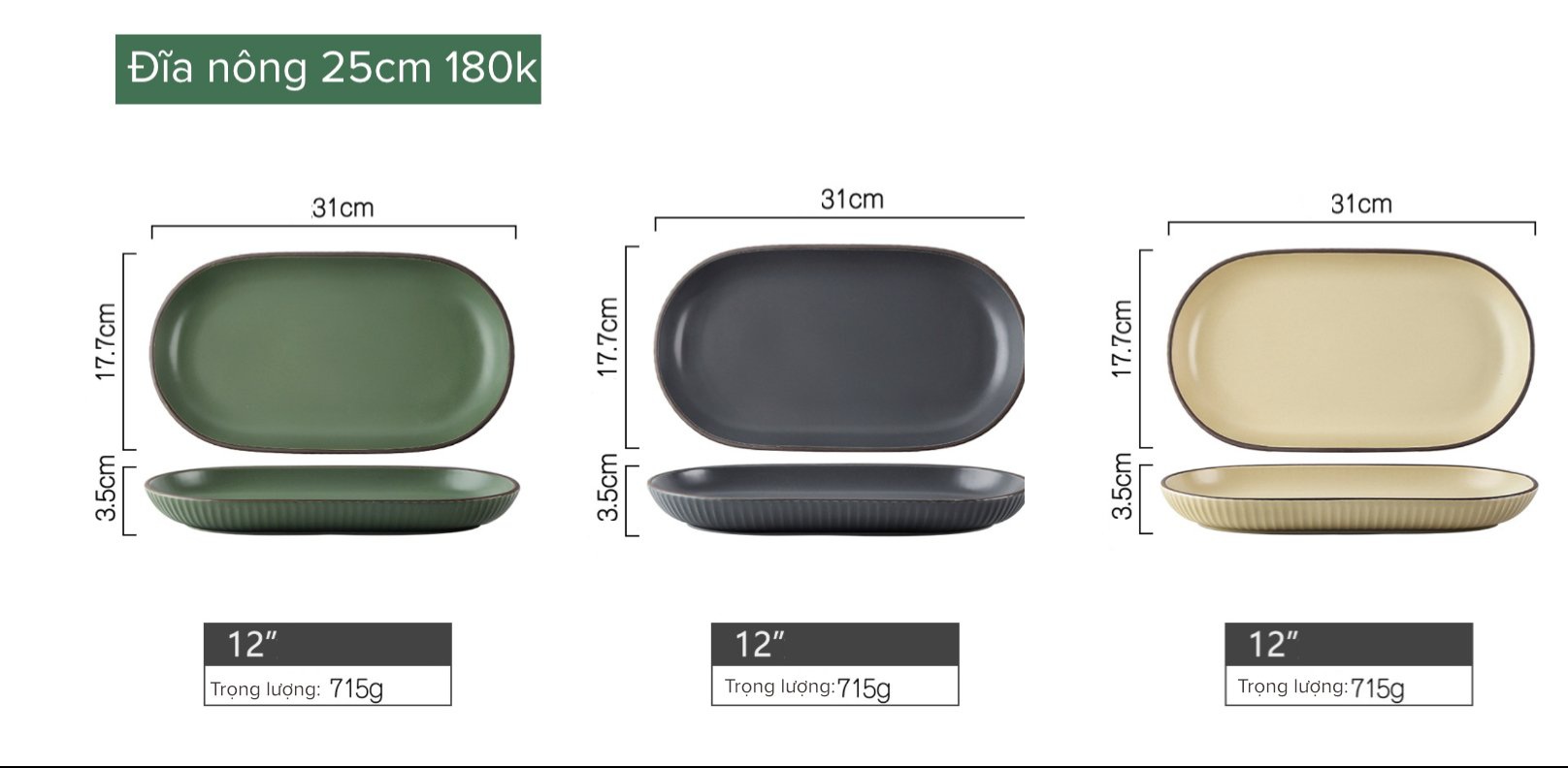 Đĩa bầu dục men lì 2 màu đk 31cm (Xám, xanh bộ đội)