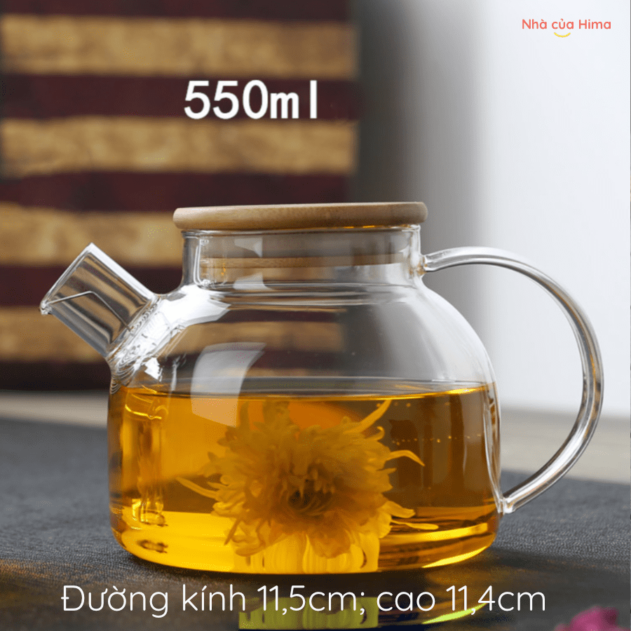 Ấm thuỷ tinh chịu nhiệt 550ml nắp tre gioăng cao su