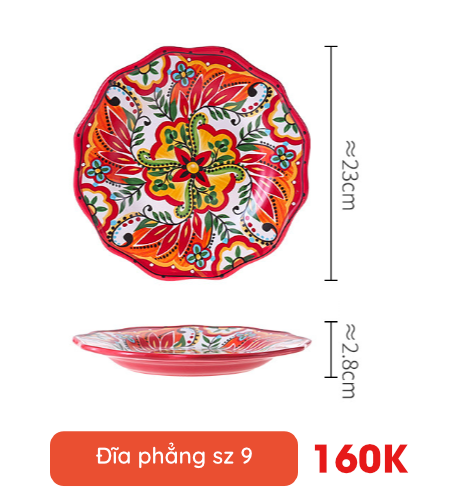 Đĩa phẳng hoa thổ cẩm nền cam sz 8, đk 20cm OMK