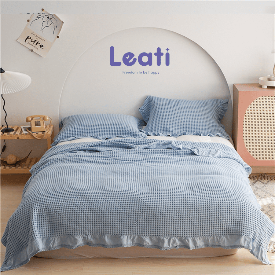 Đôi gối Hàn Quốc 100% cotton tự nhiên từ vỏ quế viền ren màu xanh lam 55cmx80cm