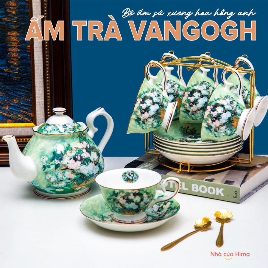 Set ấm trà Vangogh + 6 tách kèm giá treo và hộp quà tặng hoa hồng Anh