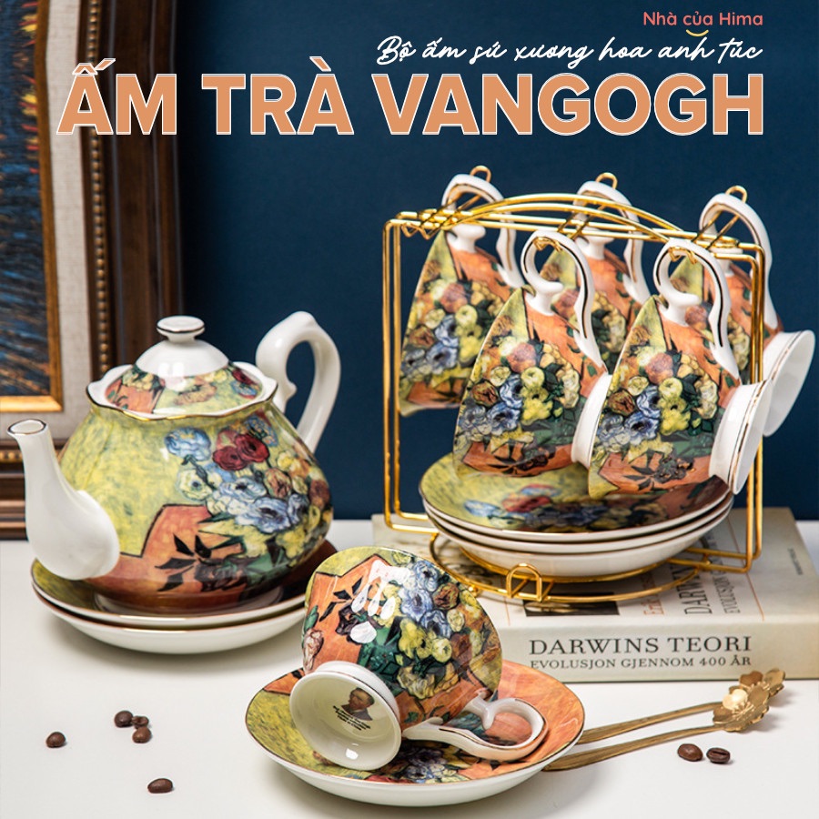 Set ấm trà Vangogh + 6 tách kèm giá treo và hộp quà tặng hoa Anh túc