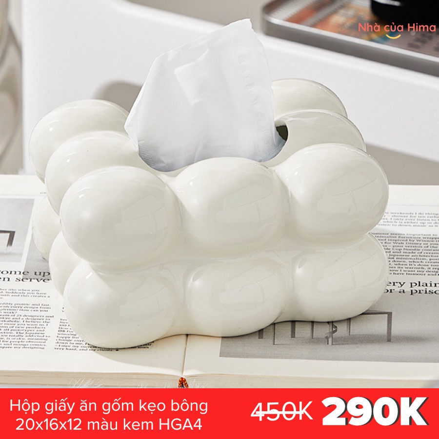 Hộp giấy ăn gốm kẹo bông 20x16x12cm màu kem HGA4