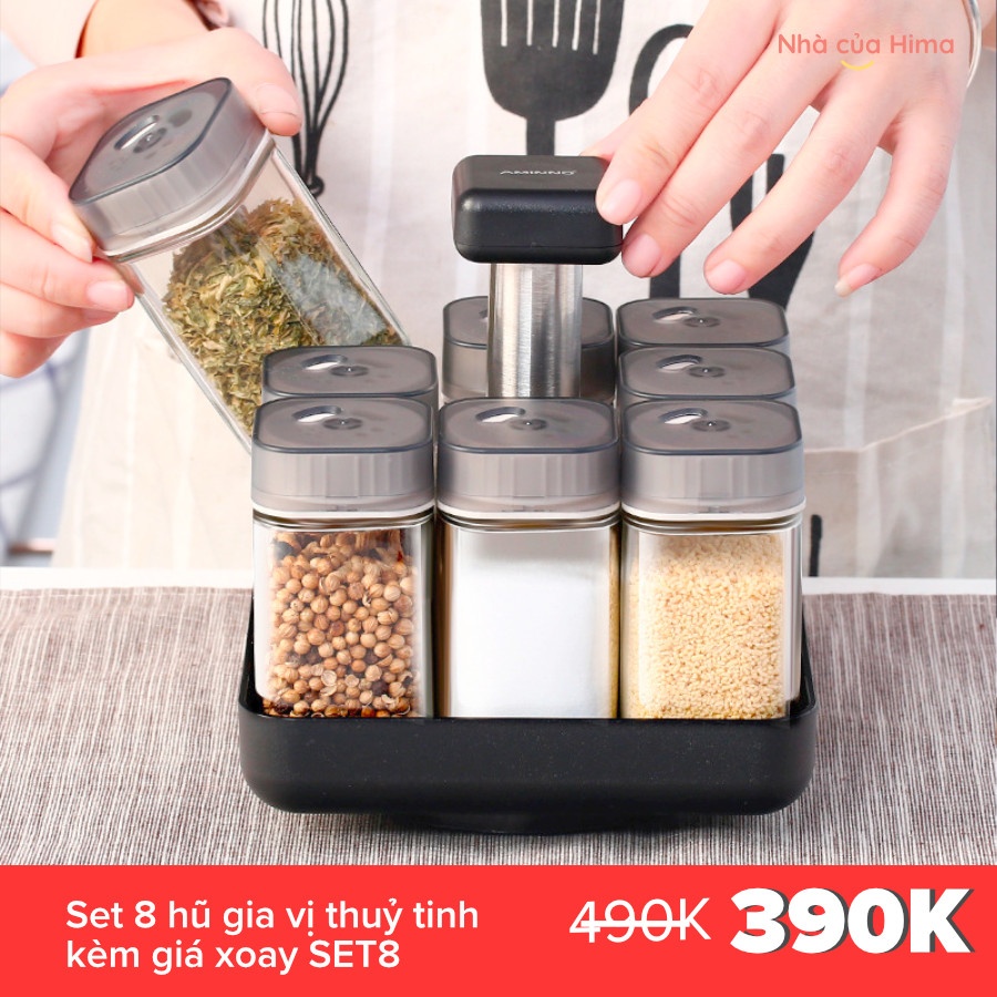 Set 8 hũ gia vị thuỷ tinh kèm giá xoay SET8