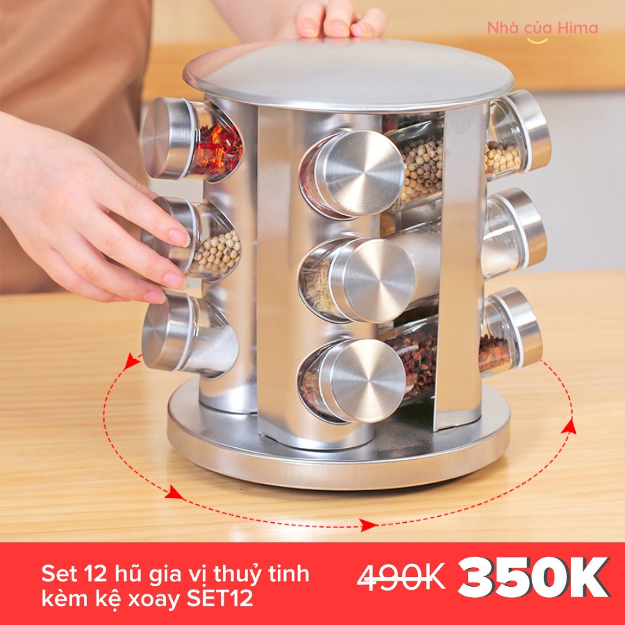 Set 12 hũ gia vị thuỷ tinh kèm kệ xoay SET12