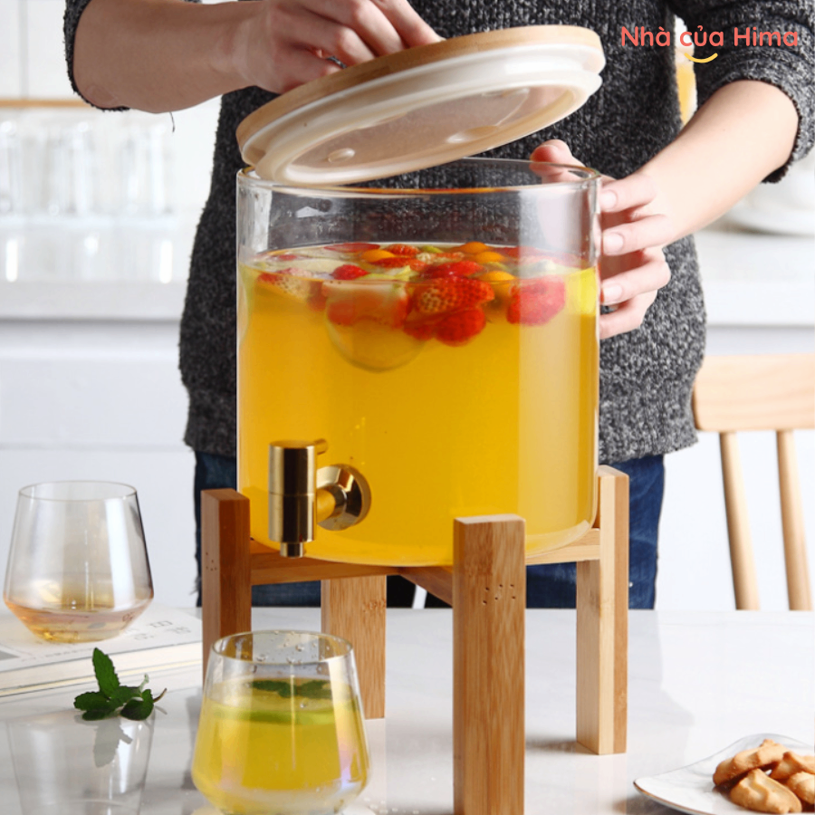Bình thuỷ tinh vòi rót đồng kèm giá tre 5L MS 7.84