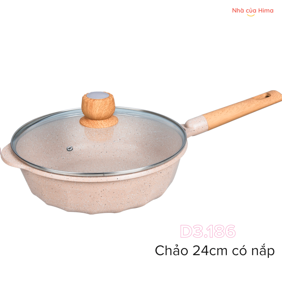 Chảo rán chống dính - hãng MGC - đá maifan - tay cầm gỗ - CÓ NẮP - màu be - 24cmx5cm -D3.186