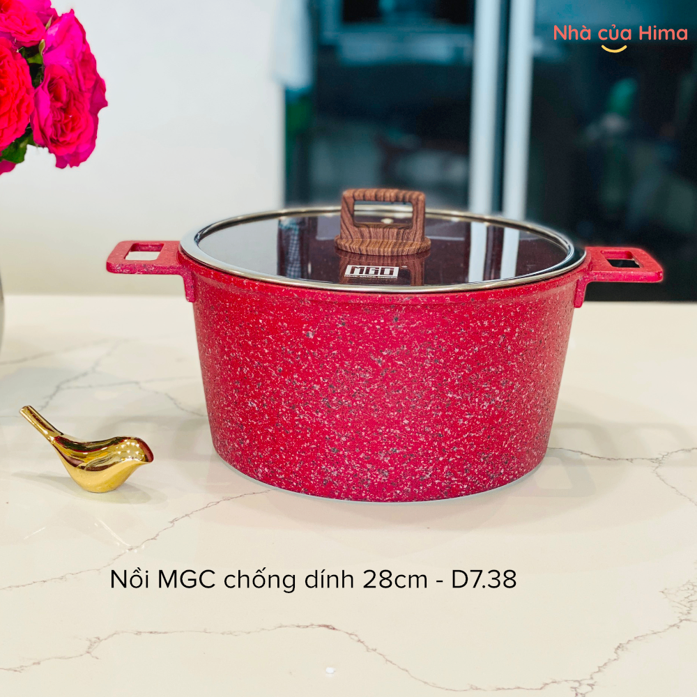 Nồi sâu lòng MGC chống dính 28cm - đá granite - có nắp - tay cầm gỗ - màu đỏ D7.38