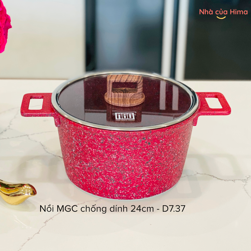 Nồi sâu lòng MGC chống dính 24cm - đá granite - có nắp - tay cầm gỗ - màu đỏ D7.37