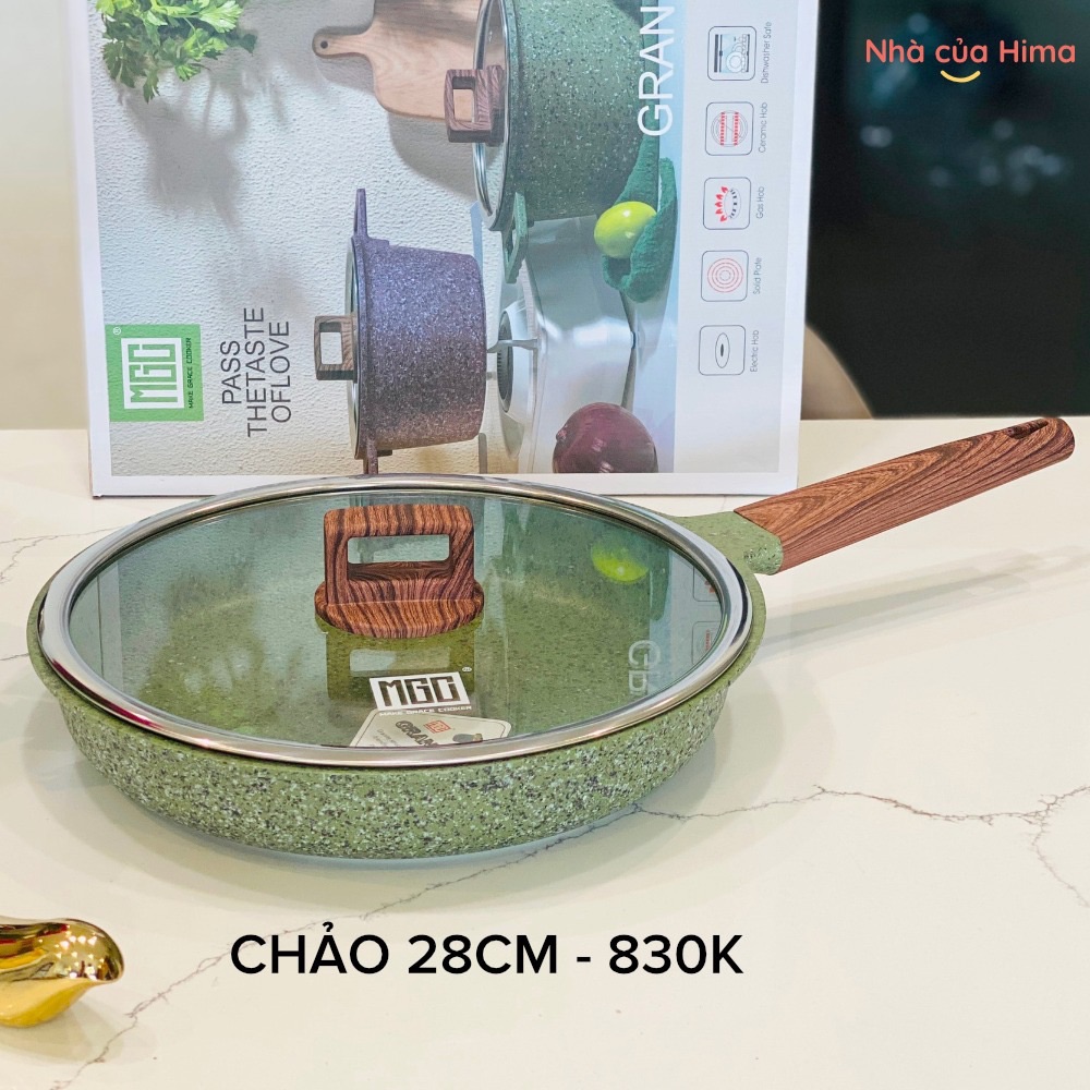 Chảo MGC chống dính 28cm - đá granite - có nắp - tay cầm gỗ - màu xanh rêu X7.34