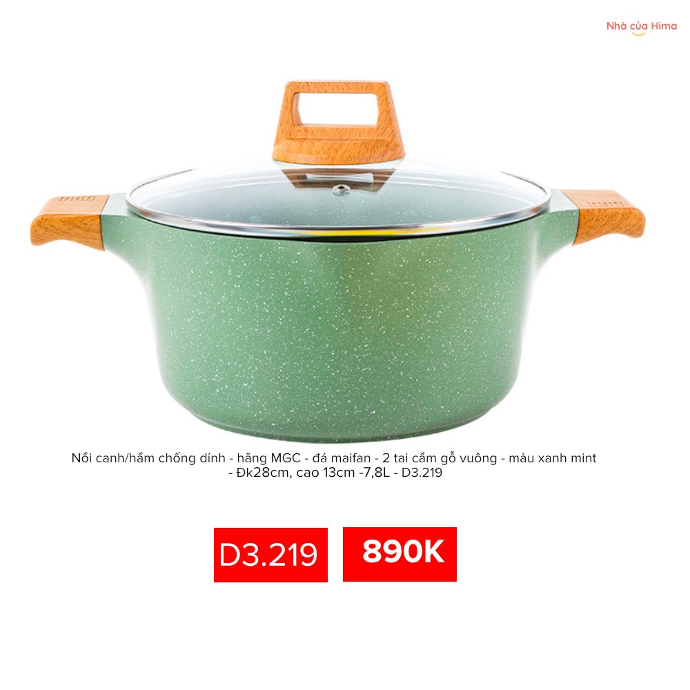 Nồi canh/hầm chống dính - hãng MGC - đá maifan - 2 tai cầm gỗ vuông - màu xanh mint - Đk28cm, cao 13cm -7,8L - D3.219