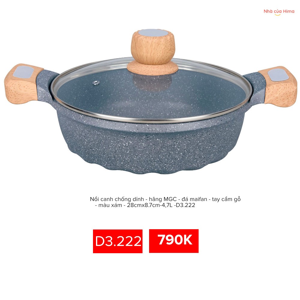 Nồi lẩu chống dính - hãng MGC - đá maifan - tay cầm gỗ - màu xám - 28cmx8.7cm-4,7L -D3.222