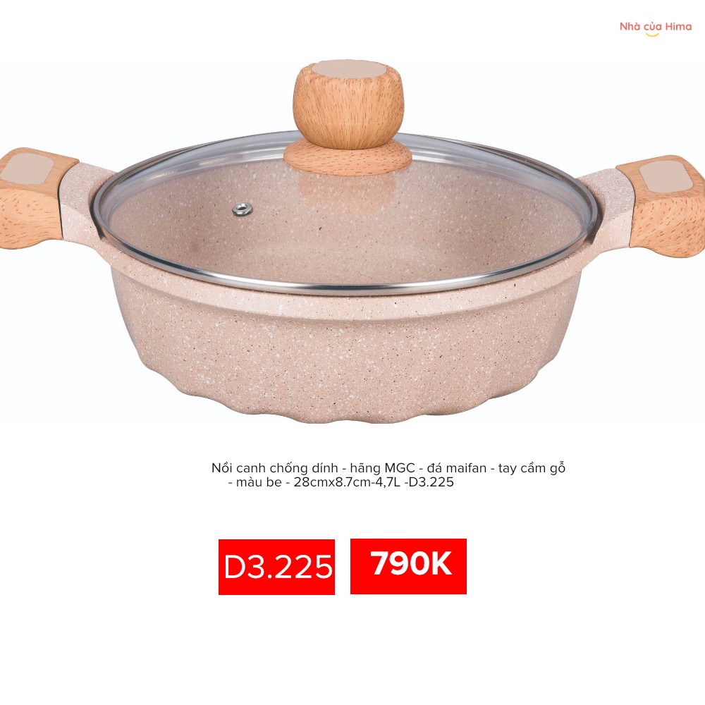 Nồi canh chống dính - hãng MGC - đá maifan - tay cầm gỗ - màu be - 28cmx8.7cm-4,7L -D3.225