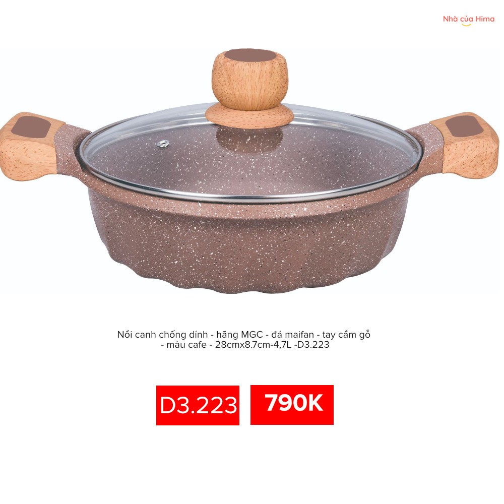 Nồi lẩu chống dính - hãng MGC - đá maifan - tay cầm gỗ - màu cafe - 28cmx8.7cm-4,7L -D3.223