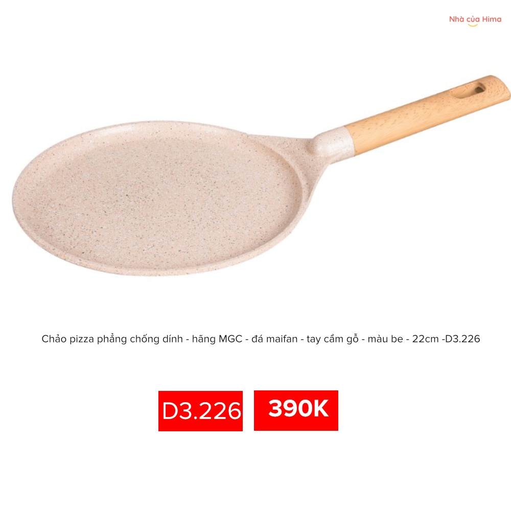 Chảo pizza phẳng chống dính - hãng MGC - đá maifan - tay cầm gỗ - màu be - 22cm -D3.226