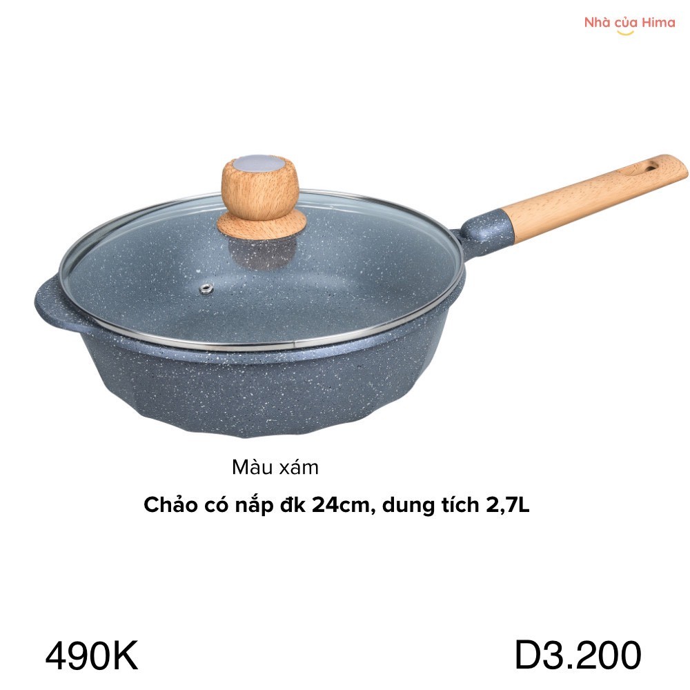 Chảo rán sâu lòng chống dính - hãng MGC - đá maifan - tay cầm gỗ - CÓ NẮP - màu xám - 24cmx8cm -D3.200