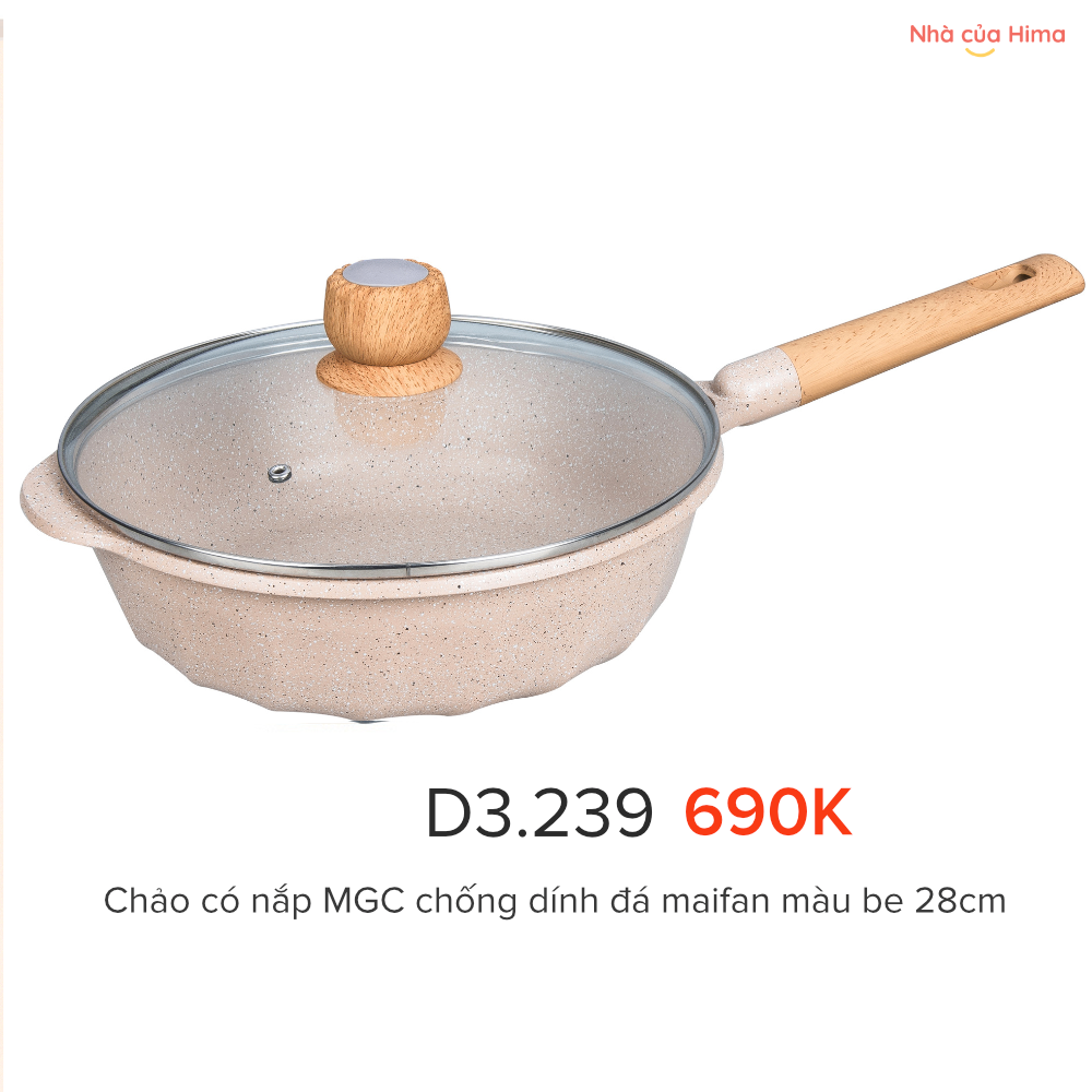 Chảo rán sâu lòng chống dính - hãng MGC - đá maifan - tay cầm gỗ - CÓ NẮP- màu be - 28cmx8cm-D3.239