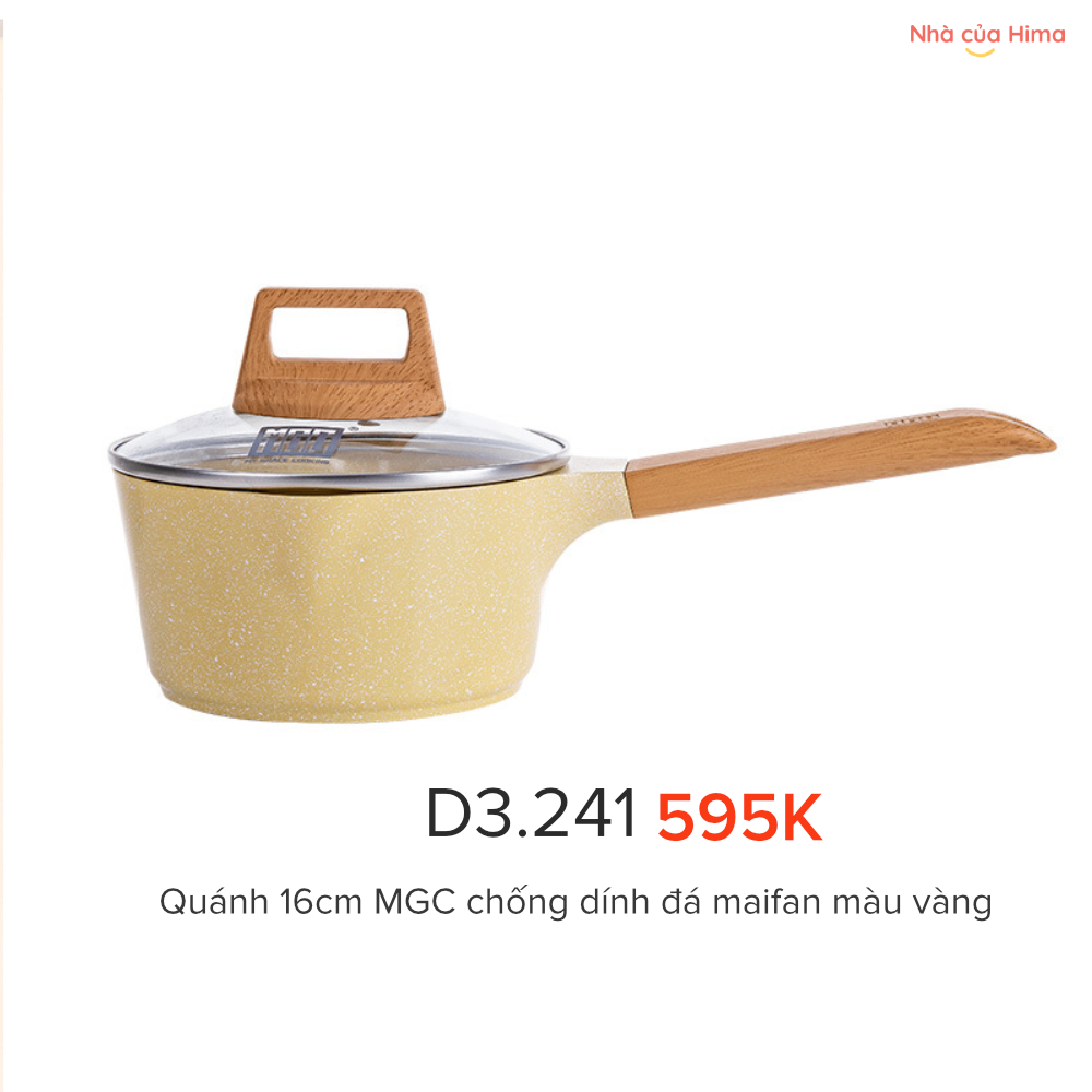 Quánh chống dính 16cm - đá maifan- có nắp - tay cầm gỗ - màu vàng D3.241