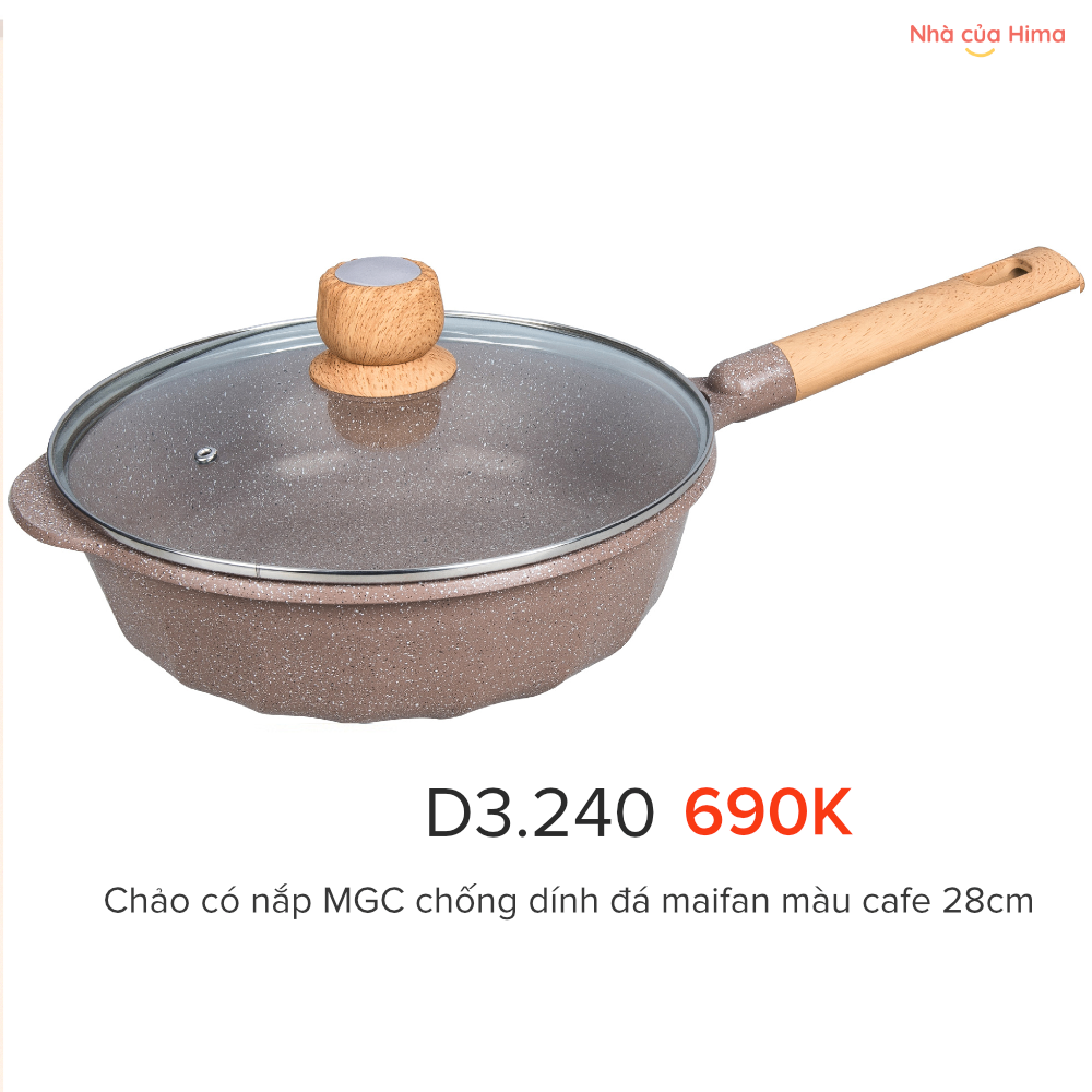 Chảo rán sâu lòng chống dính - hãng MGC - đá maifan - tay cầm gỗ - CÓ NẮP- màu cafe- 28cmx8cm-D3.240