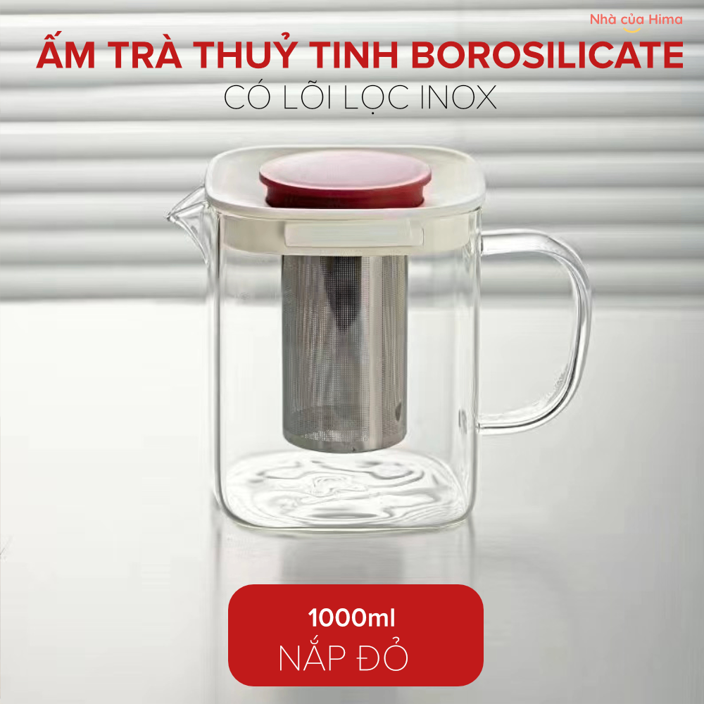 Ấm trà có lõi lọc 1000ml thuỷ tinh borosilicate chịu nhiệt nắp đỏ