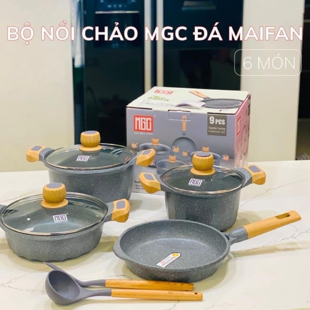 Bộ nồi chảo chống dính - hãng MGC - đá maifan - tay cầm gỗ - 6 món - màu xám-D3.12