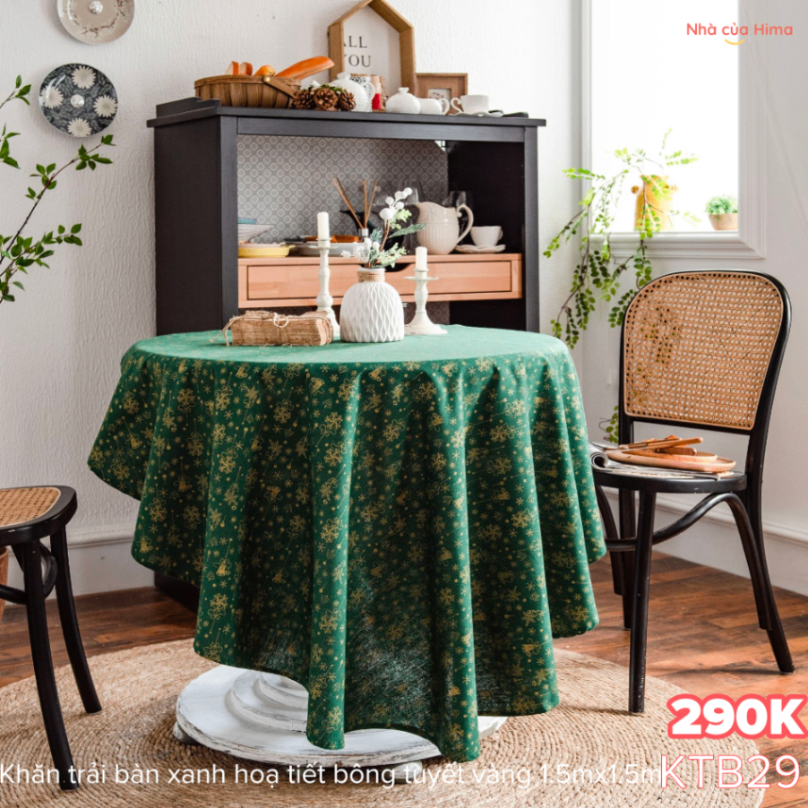 Khăn trải bàn tròn xanh hoạ tiết bông tuyết vàng 1.5mx1.5m KTB29