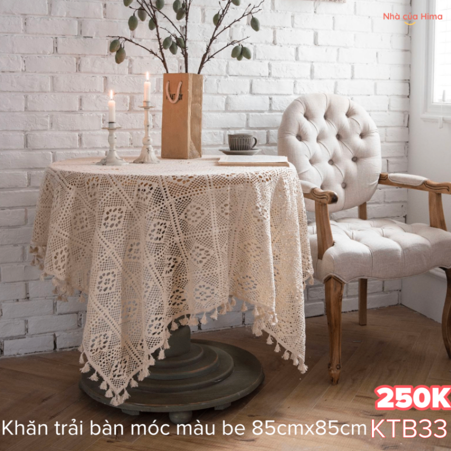 Khăn trải bàn tròn móc màu be 85x85cm KTB33