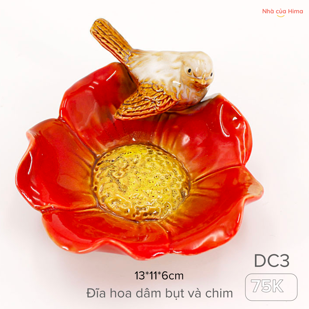 Đĩa hoa dâm bụt và chim 13*11*6cm