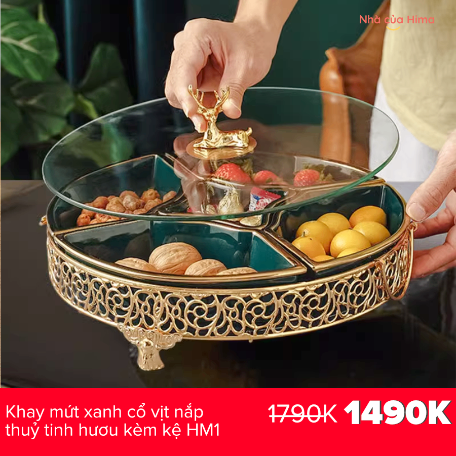 Khay mứt xanh cổ vịt nắp thuỷ tinh hươu kèm kệ HM1