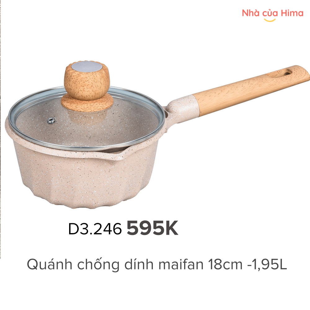 Quánh chống dính 18cm - đá Maifan - có nắp - tay cầm gỗ - màu be D3.246