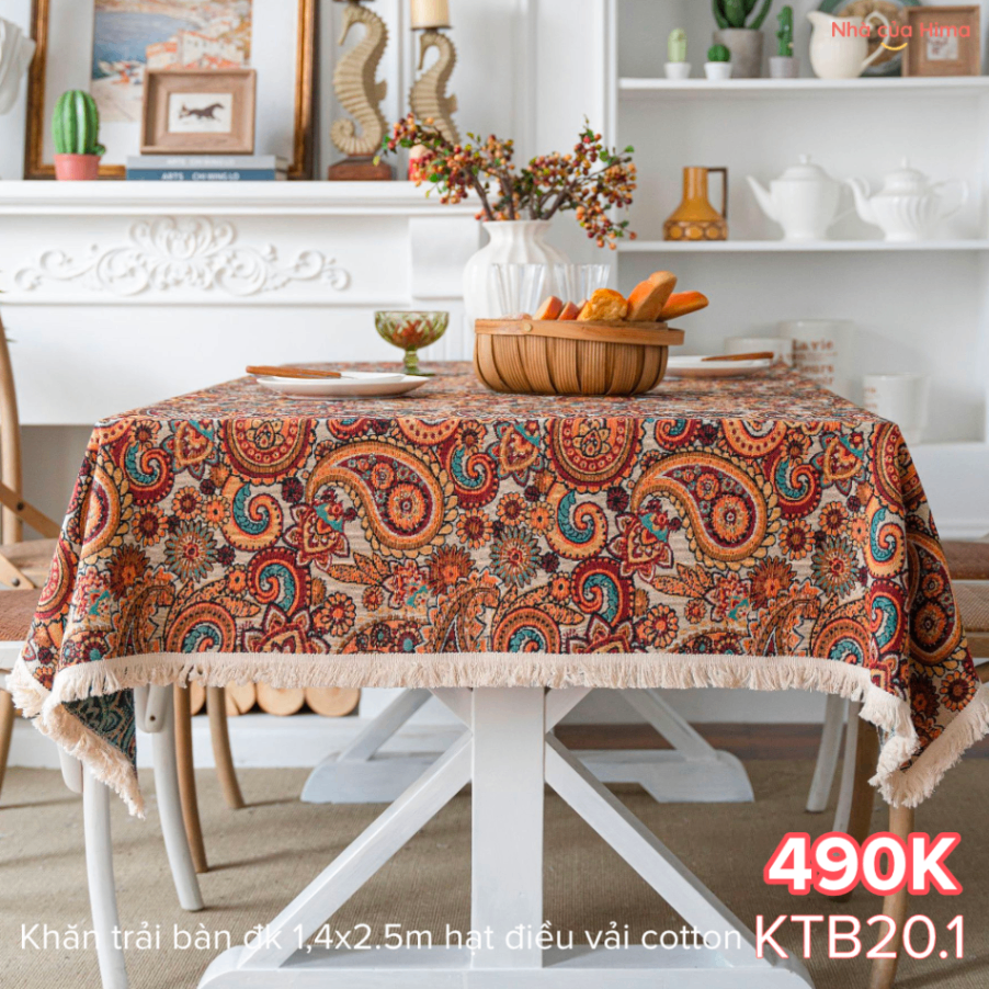 Khăn trải bàn chữ nhật đk 1.4x2.5m hạt điều vải cotton KTB20.1