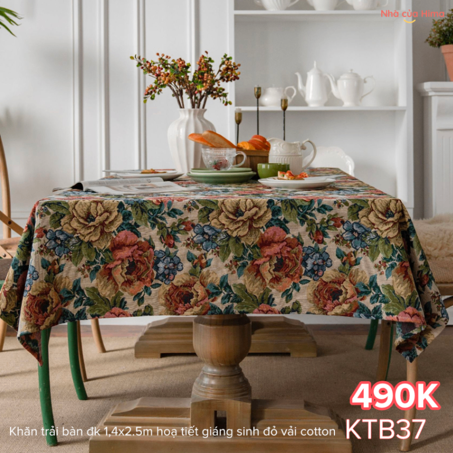 Khăn trải bàn đk 1.4x2.5m hoạ tiết hoa mẫu đơn vải cotton KTB37