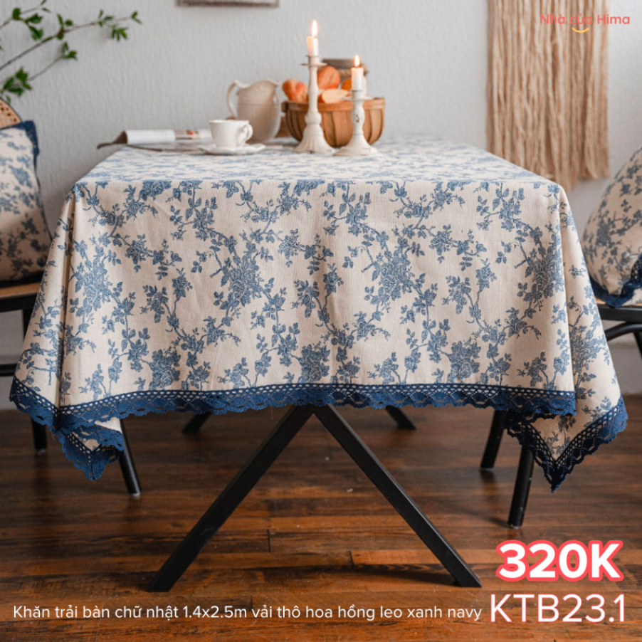 Khăn trải bàn chữ nhật 1.4x2.5m vải thô hoa hồng leo xanh navy KTB23.1