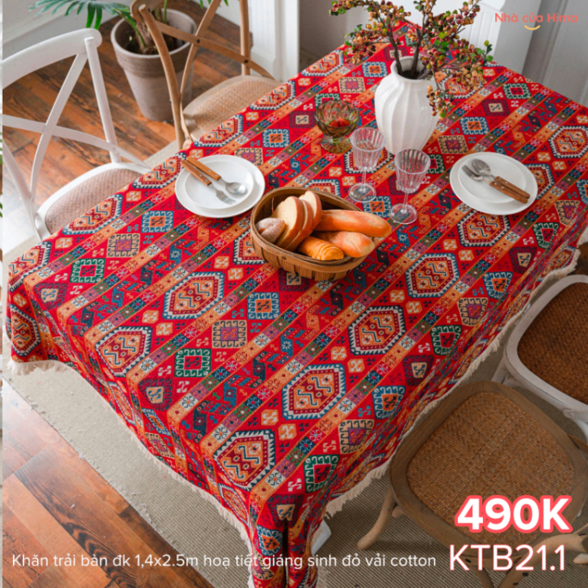 Khăn trải bàn đk 1.4x2.5m hoạ tiết giáng sinh đỏ vải cotton KTB21.1
