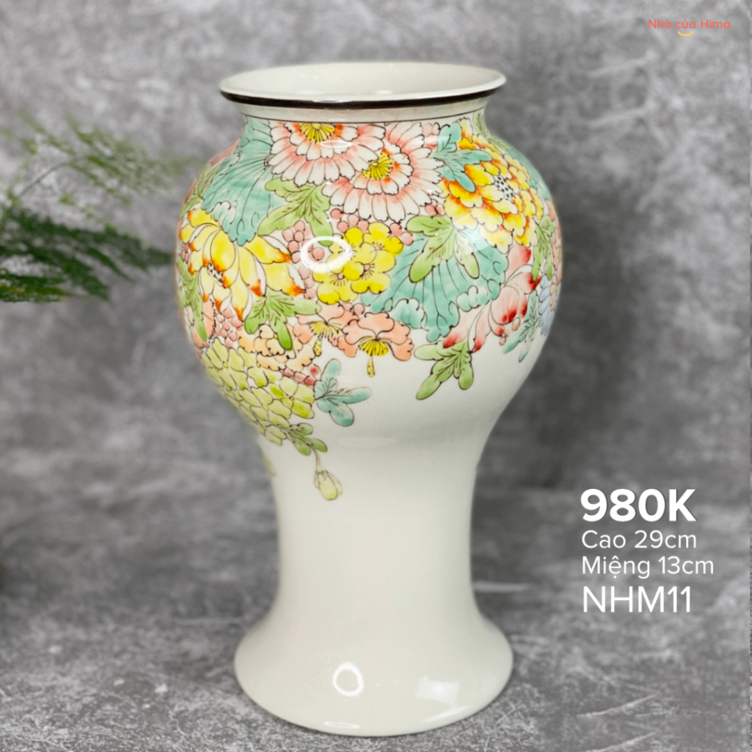 Bình men lam ngàn hoa màu cao 29cm miệng 13cm NHM11