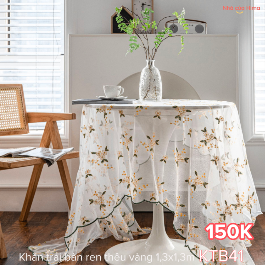 Khăn trải bàn tròn ren thêu hoa vàng 1,3x1,3m KTB41